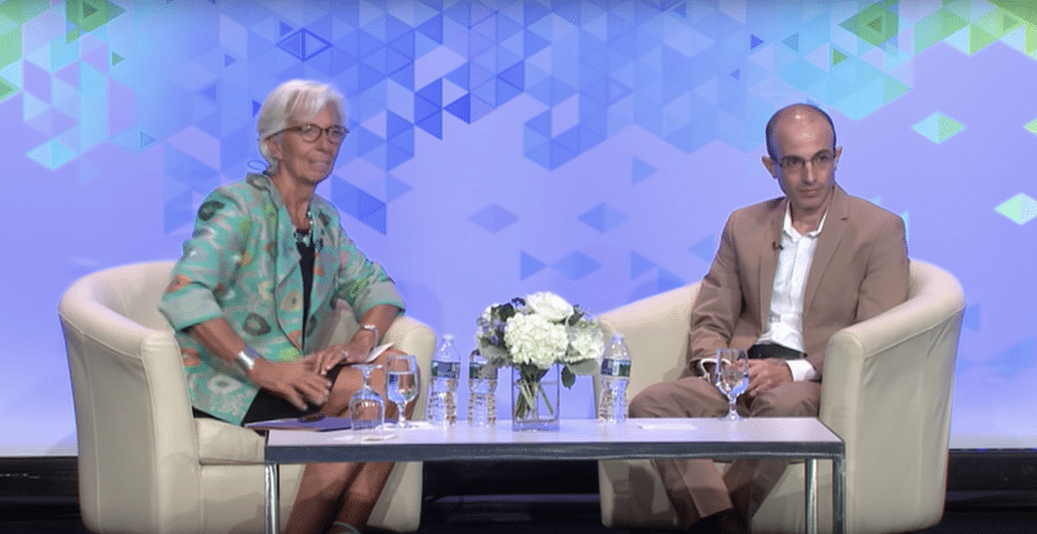 Christine Lagarde and Yuval Noah Harari on stage